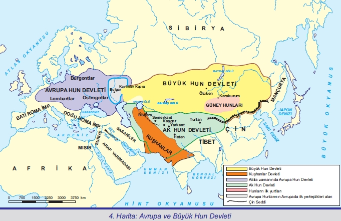 Avrupa Hun Devleti ve Büyük Hun Devleti Haritası