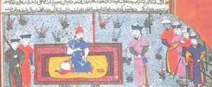 Sultan Alparslan divanda vezirleri dinlerken tasvir eden bir minyatür
