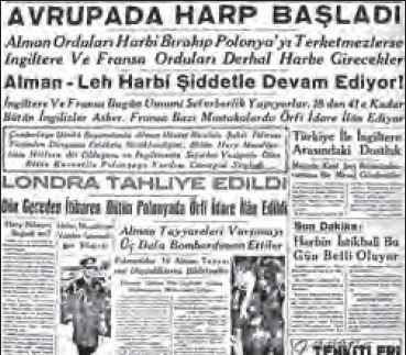 Savaşın başlaması ile ilgili gazete haberi (2 Eylül 1939)