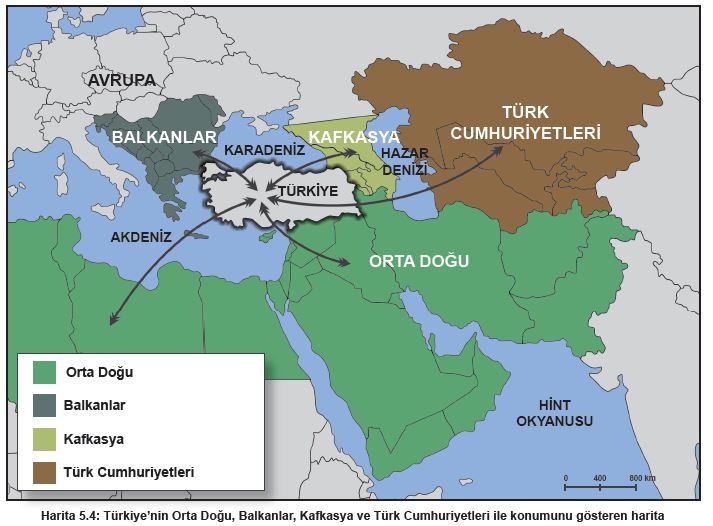 Türkiye'nin Orta Doğu, Balkanlar, Kafkasya ve Türk Cumhuriyeti ile Konumunu Gösteren Harita