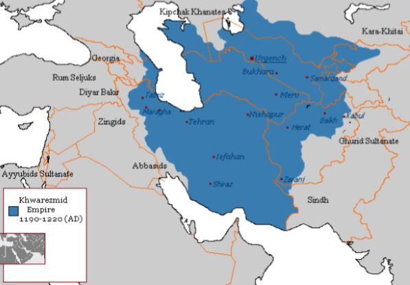 Hârezmşâhlar Devleti’nin 1190-1220 tarihleri arasındaki sınırları 