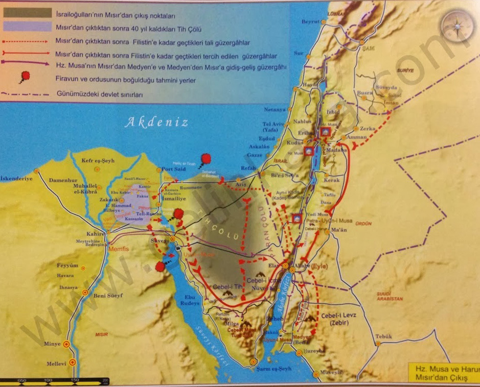 İsrailoğullarının Hz. Musa (a.s.) ve Hz. Harun (a.s.)liderliğinde Mısır'dan çıkışta takip ettikleri yolu gösteren harita.